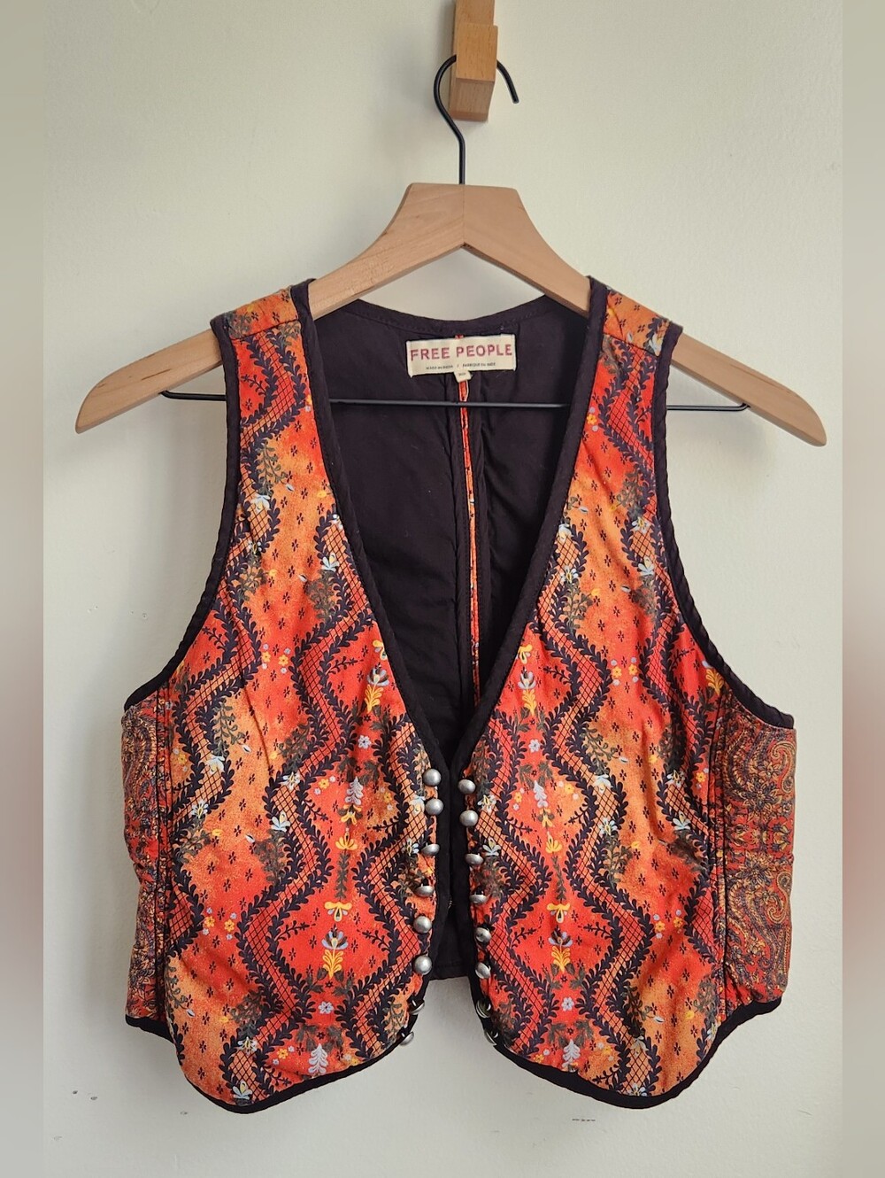 Vintage Free People Boho Patchwork Crop Vest X-Small Red Mixed Print Festival